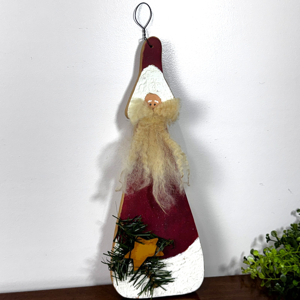 Folk Art Santa Old World Handmade Wooden Wall Decor or Ornament 14" Tall Vintage